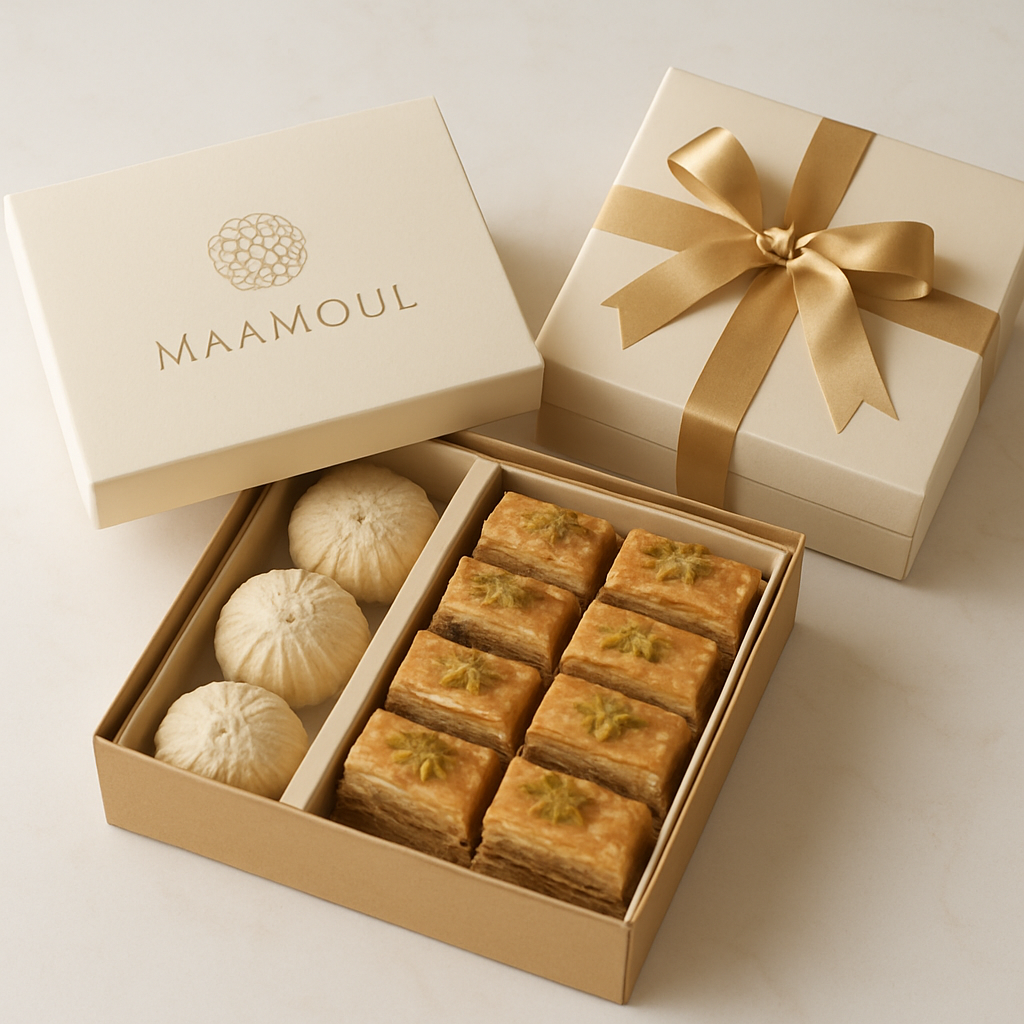 Premium Mama Love gift packaging with assorted Lebanese desserts